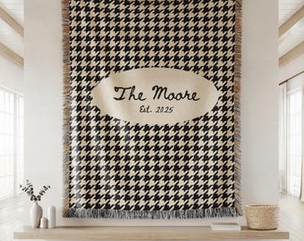 Personalized Wedding Woven Blanket Custom Anniversary Houndstooth Gift Cotton Throw Family Name Established Year Commemorative Keepsake