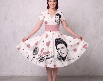 Abito midi da donna a maniche corte con scollo a V, modello "Love Me Tender" di Elvis.