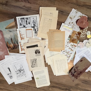 Junk Journal Ephemera Kit | Scrapbooking Bundle of Vintage Book Pages, Painted Papers, and Embellishments
