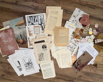 Junk Journal Ephemera Kit | Scrapbooking Bundle of Vintage Book Pages, Painted Papers, and Embellishments