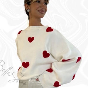 Oversized Heart Print Knit Sweater, Thickened Long-sleeved Pullover, Grandpa Sweater, Embroidery Sweater, Harajuku Fashion