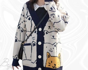 Katze Muster Print Strickjacke, Cartoon Strickjacke, Opa Pullover, Stickerei Pullover, Y2K Kleidung, Oversized Strickjacke, Katze Strickjacke, Harajuku