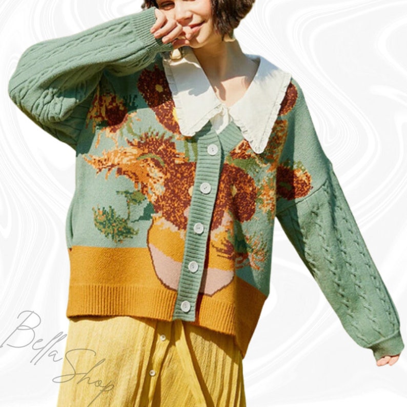 Vintage Van Gogh Cardigan, Knitwear, Van Gogh Painting Sweater, Embroidery Sweater, Knitted Cardigan, Grandpa Sweater, Korean Fashion image 3