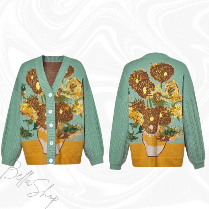 Vintage Van Gogh Cardigan, Knitwear, Van Gogh Painting Sweater, Embroidery Sweater, Knitted Cardigan, Grandpa Sweater, Korean Fashion Green