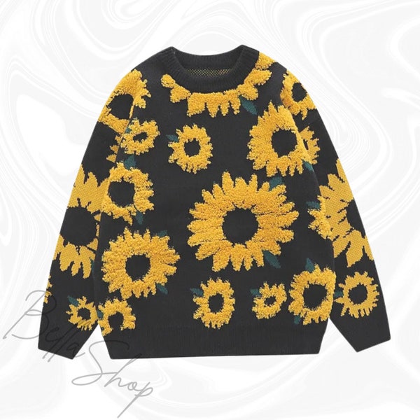 Winter Sunflower Sweater, O-Neck Pullover, Grandpa Sweater, Loose Casual Sweater, Oversized Knitted Sweater