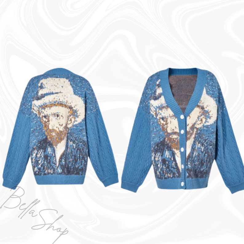 Vintage Van Gogh Cardigan, Knitwear, Van Gogh Painting Sweater, Embroidery Sweater, Knitted Cardigan, Grandpa Sweater, Korean Fashion Blue