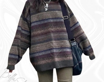 Y2K Grunge Striped Sweater, Oversized Sweater, Y2K Top, Harajuku, Grunge lothing, Grandpa Sweater, Korean Fashion, Oversized Pullover