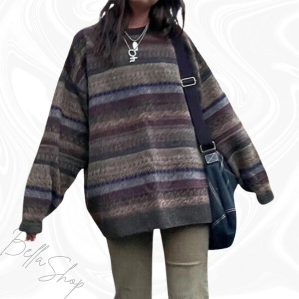 Y2K Grunge Gestreepte Trui, Oversized Trui, Y2K Top, Harajuku, Grunge Lothing, Opa Trui, Koreaanse Mode, Oversized Pullover