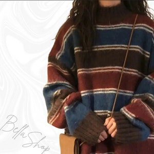 Harajuku Knitted Sweater, Oversized Striped Sweater, Knitwear, Vintage Pullover, Streetwear Vibes, Korean Fashion, Grandpa Sweater