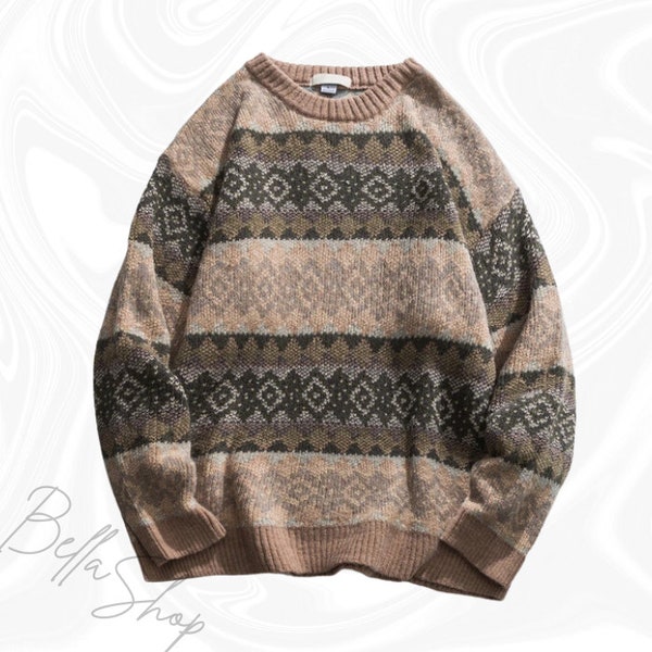 Vintage Gestreifter Pullover, Pullover, Opa Pullover, Oversized Pullover, Strick Sweatshirt, Lässiger Pullover, Y2K Top, Patchwork Pullover