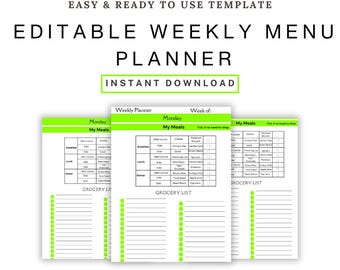 Editable Weekly Meal Planner With Grocery List, Printable Template Landscape, Food Planner, Printable Digital Meal Planner, Menu Plan