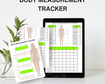 May include: A printable body measurement tracker with a green and white grid. The tracker includes a silhouette of a person with labels for neck, chest, waist, hips, thigh, calf, and ankle. The tracker is designed to track body measurements before and after a fitness program.