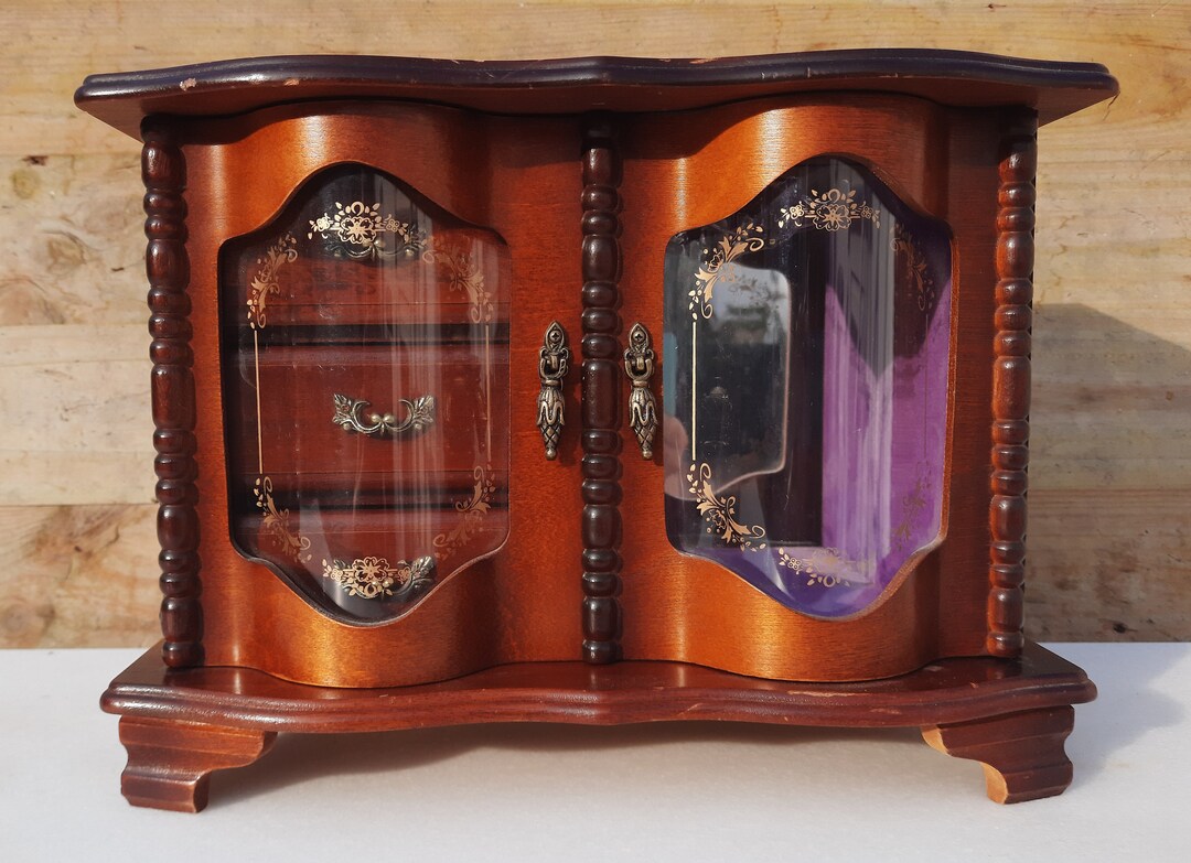 Vintage Carved Wood Jewelry Box With Necklace Carousel, Mirror and