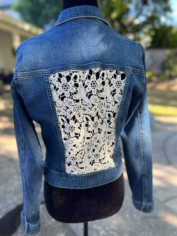 Lace “window Pane” Inset Upcycled Denim Jacket SIZE XSMALL