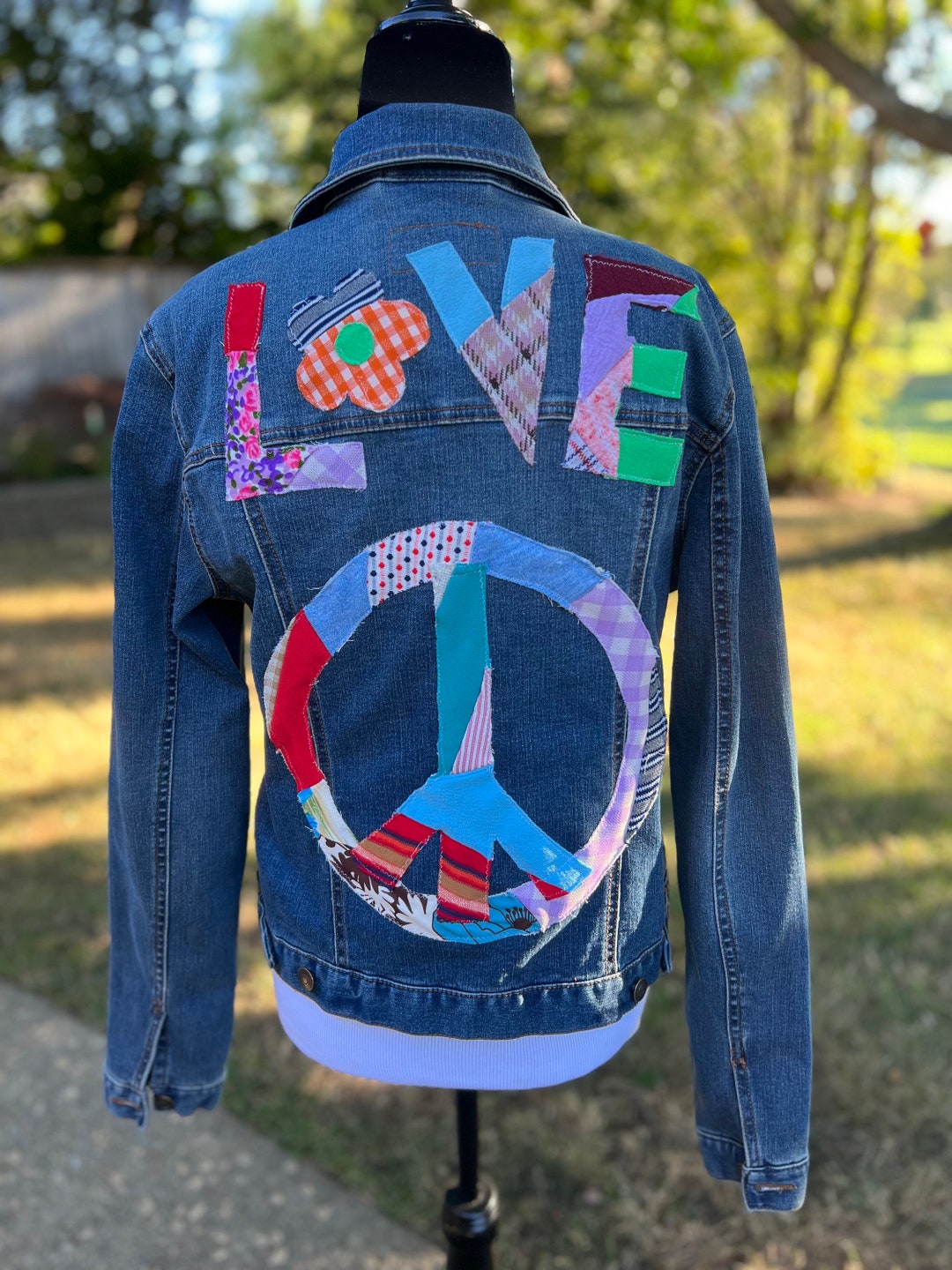 Upcycled Peace and Love Hippie Denim Jean Jacket 60's Vibe