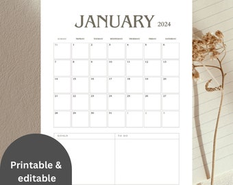 2024 Monthly Calendar Vertical Printable Calendar Template Minimalist Calendar Year Sunday/Saturday Start