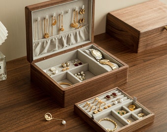 Boîte à bijoux gravée en bois de noyer, boîte à bijoux vintage, organisateur de bijoux 1,5 couche, cadeau personnalisé pour couple, boîte de rangement cadeaux pour maman