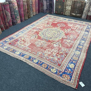 Red Turkish Rug, 8x11 Vintage Rug, Large Oushak Rug, 8x11 Handmade Rug, Antique Area Rug, Neutral Turkish Rug, Saloon Rug, Boho Decor Rug