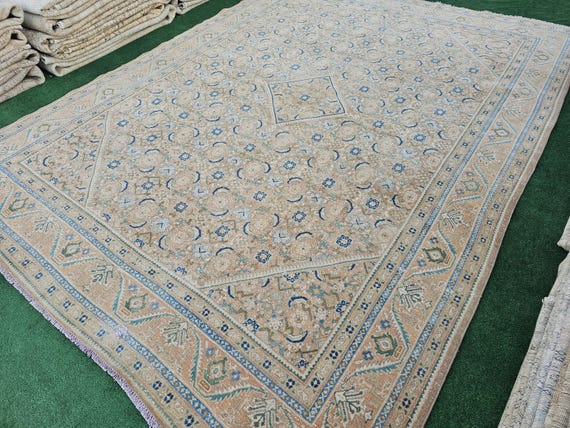9x12 Oushak Rug, Handmade Wool Rug, Antique Turkish Rug, Vintage Large Rug, 9x12 Bedroom Rug, Neutral Area Rug, Faded Anatolian Rug, Rug