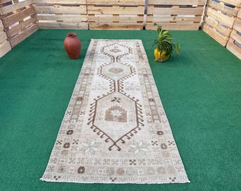 3x9 Vintage Runner, Beige Turkish Runner, Handmade Runner, Soft Hallway Rug, 3x9 Antique Runner, Neutral Old Runner, Oushak Runner, 3x9 Rug