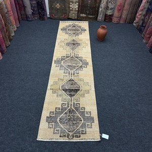 3x11 Neutral Hallway Runner Rug, 3x11 Turkish Rug, Vintage Antique Runner Rug, Oushak Runner Rug, Interior Design Runner, Kitchen Runner Rug