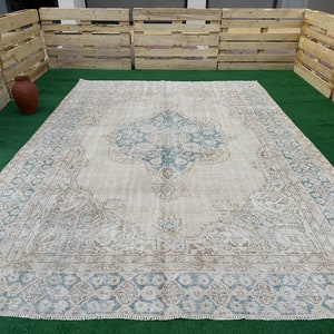 Beige Blue Turkish Rug 8x11, Oriental Vintage Rug, Large Antique Rug, 8x11 Hand Woven Rug, Faded Area Rug, Neutral Oversize Rug, Bedroom Rug