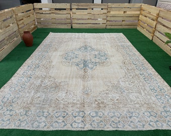 Alfombra turca azul beige 8x11, alfombra vintage oriental, alfombra antigua grande, alfombra tejida a mano 8x11, alfombra de área descolorida, alfombra de gran tamaño neutra, alfombra de dormitorio