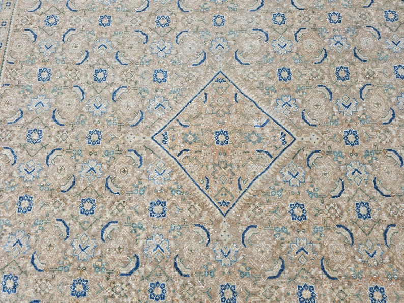 Puede incluir: Alfombra beige y azul estampada. La alfombra presenta un dise&ntilde;o central de diamante y patrones florales y geom&eacute;tricos repetidos en tonos beige, azul y verde claro. La alfombra tiene un aspecto envejecido.