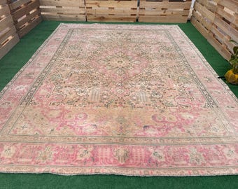 Alfombra Oushak turca antigua de 9 x 12 pulgadas: alfombra anatolia de lana rosa neutra