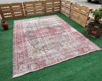 Oushak-Teppich (244 x 335 cm), neutraler Teppich, handgeknüpfter Wollteppich, antiker türkischer Teppich, Wohnzimmerteppich, anatolischer Teppich (244 x 335 cm), traditioneller Teppich, Boho-Teppich