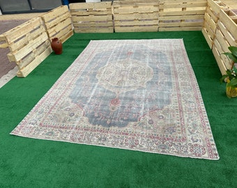 Türkischer Teppich (244 x 335 cm), neutraler Teppich, handgeknüpfter Oushak-Teppich, verblasster Vintage-Teppich, orientalischer Antik-Teppich, übergroßer Teppich (244 x 335 cm), Wohnzimmerteppich