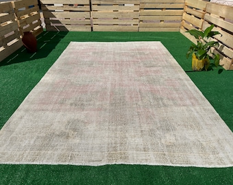6x10 Vintage Oushak Rug: Neutral Turkish Wool Area Rug