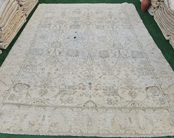 10x12 Vintage Floral Patterned Rug, Antique Beige Oushak Rug, Oversized Turkish Area Rug, Muted Low Pile Bedroom Rug
