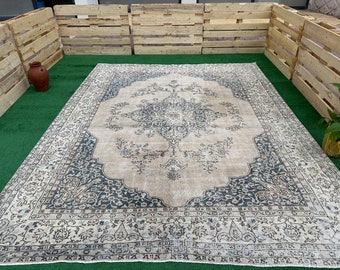 Neutraler Teppich (244 x 335 cm), handgeknüpfter Teppich, übergroßer Oushak-Teppich, Vintage-Teppich aus der Türkei, Wohnzimmerteppich, handgefertigter Teppich (244 x 335 cm), anatolischer Teppich, Teppich