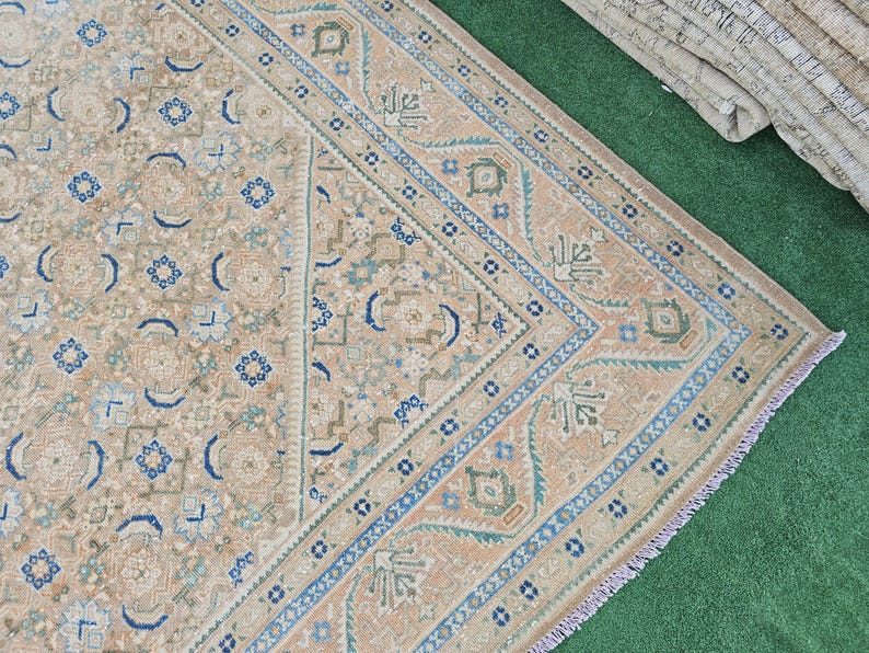 Puede incluir: Una secci&oacute;n de una alfombra beige y azul estampada con un borde detallado. La alfombra presenta un dise&ntilde;o central con elementos florales y geom&eacute;tricos en tonos azules, beige y verdes. La alfombra est&aacute; sobre una superficie verde.