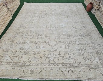 10x12 Turkish Rug, Muted Vintage Rug, Hand Woven Large Rug, Neutral Oushak Rug, Oversized Wool Rug, Dining Room Rug, Beige Brown Rug 10x12
