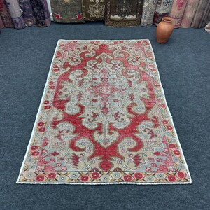 Vintage Red Rug, Oriental Turkish Rug 5x7, Antique Small Rug, 5x7 Neutral Oushak Rug, Faded Kitchen Rug, Handmade Farmhouse Rug, Boho Rug