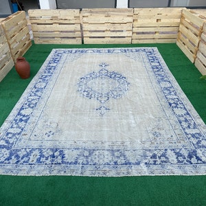 Blue Oriental Vintage Rug 8x11, Hand Woven Turkish Rug, Large Antique Rug, 8x11 Turkish Rug, Neutral Soft Rug, Wool Oushak Rug, Bedroom Rug