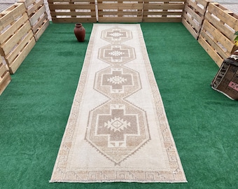 4x14 Vintage Beige Turkish Runner, Neutral Pale Runner, Handmade Long Runner, Wide Runner, Beige Brown Runner, Old Entryway Rug, 4x14 Rug