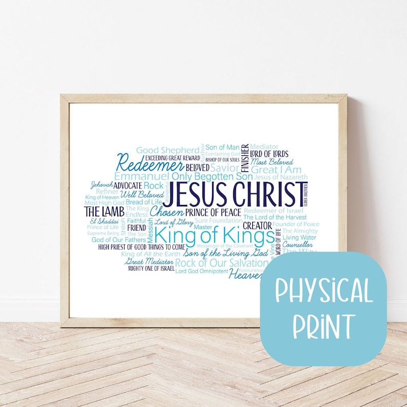 Sign Am Saviour Physical Print Names of Jesus Christ Blue Word Cloud | Religious Wall ...