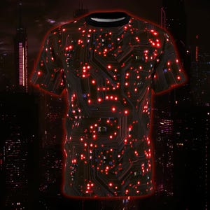 May include: A short-sleeved t-shirt featuring a circuit board design with red and blue lights on a dark background. The shirt has a black collar and a futuristic aesthetic, suitable for tech enthusiasts.