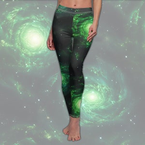 Double Green Galaxies Women&#39;s All-Over Print Casual Leggings - Galaxy-Print Space Leggings Spandex Yoga Pants Bottoms for Cosmic Queens