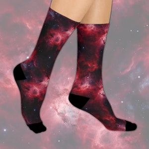 Crimson Nebulae Cushioned Crew Socks - Celestial Galaxy Deep Space Socks Gift (Fits Women&#39;s US Size 5 - Men&#39;s US Size 12)