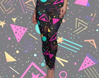 Leggings con estampado integral para mujer con formas retro - Leggings nostálgicos de los años 80 y 90 de los años 2000 Pantalones de yoga de licra para damas de neón