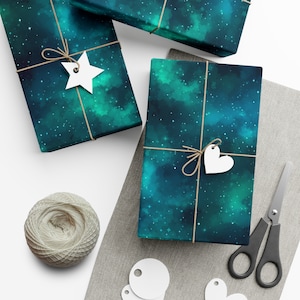 Cyan Starscape Gift Wrap - Cosmic Space Galaxy Wrapping Paper for Birthdays, Christmas, Gift Giving in Matte or Satin Paper Finish