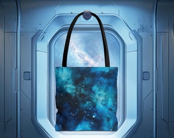 Cerulean Starscape Tote Bag - Galaxy Print Shoulder Bag, Space Theme Shopping Tote, Starry Night Beach Bag, Eco-Friendly Canvas, Blue Nebula