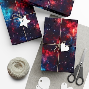 Red & Blue Nebula Gift Wrap - Cosmic Space Galaxy Wrapping Paper for Birthdays, Christmas, Gift Giving in Matte or Satin Paper Finish