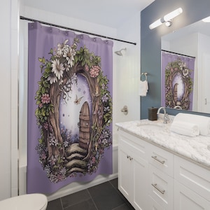 Purple Fairy Fantasy Door Polyester 71 x 74&quot; Shower Curtain for Girls Bathroom Decor, Matching Bath Mat, Home Decor, Gift for Housewarming