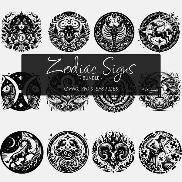 Zodiac Signs Bundle - SVG Cut File For Zodiac Astrology - Digital Download Files - Zodiac Signs PNG - Cricut or Print - Png - Svg - Eps