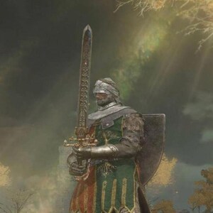 May include: A knight in a green and gold armor stands holding a large sword. The knight is wearing a helmet with a white cloth covering the face. The background is a blurry image of a forest with sunlight shining through the trees.